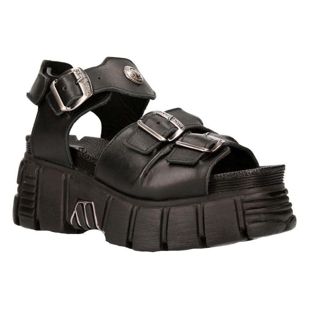 New Rock M-BIOS101-C2 Unisex Metallic Black 100% Leather Sandal Punk Rock Boots - Knighthood Store