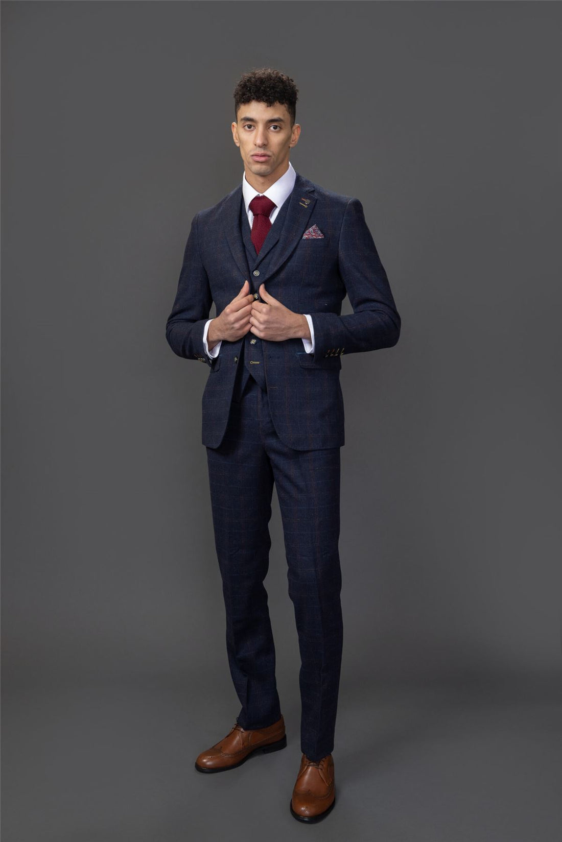 Men's Suit Wool Blend 3 Piece Navy Blue Herringbone Check Tweed Slim Fit Formal Dress
