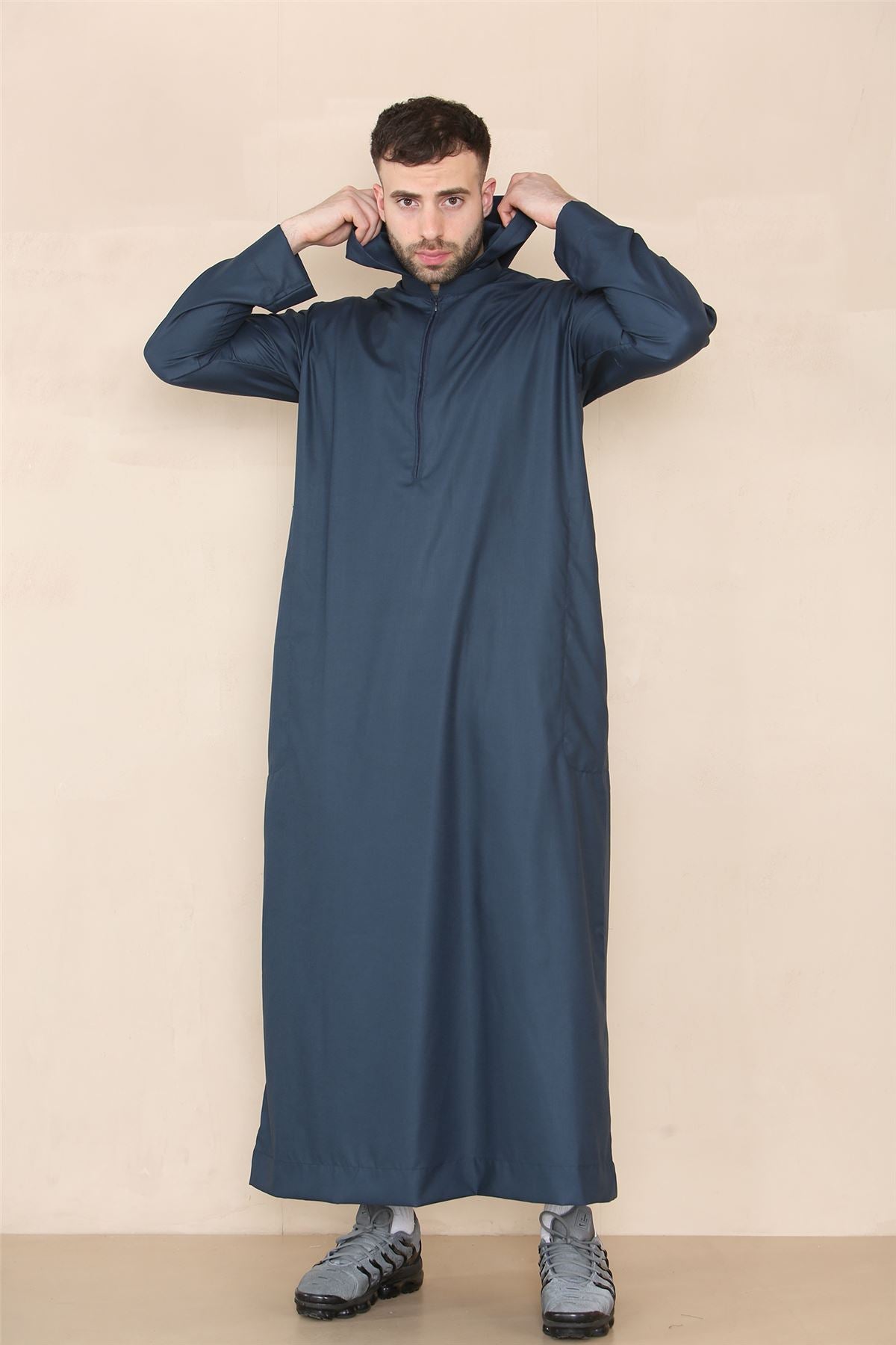 Mens Hooded Thobe Hood Jubba Nehru Stand Collar Islamic Clothing Muslim Kaftan Robe Saudi Slim Regular Fit