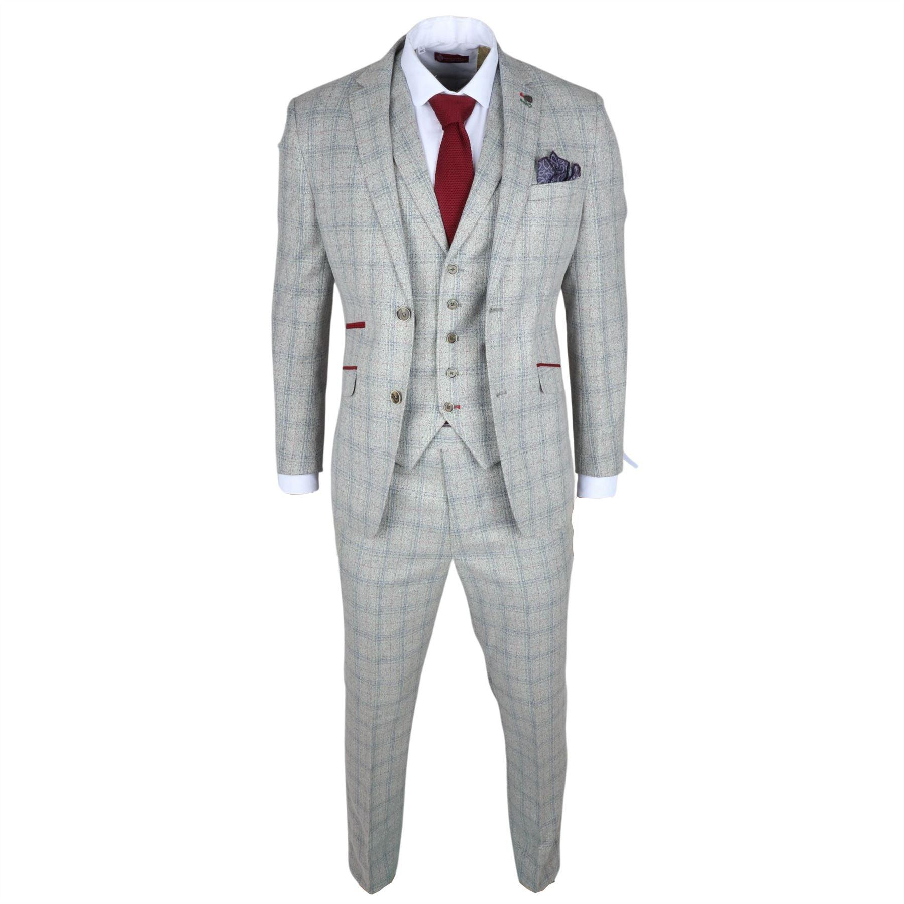 Men's Suit 3 Piece Grey Checked Slim Fit Formal Dress - Knighthood Store