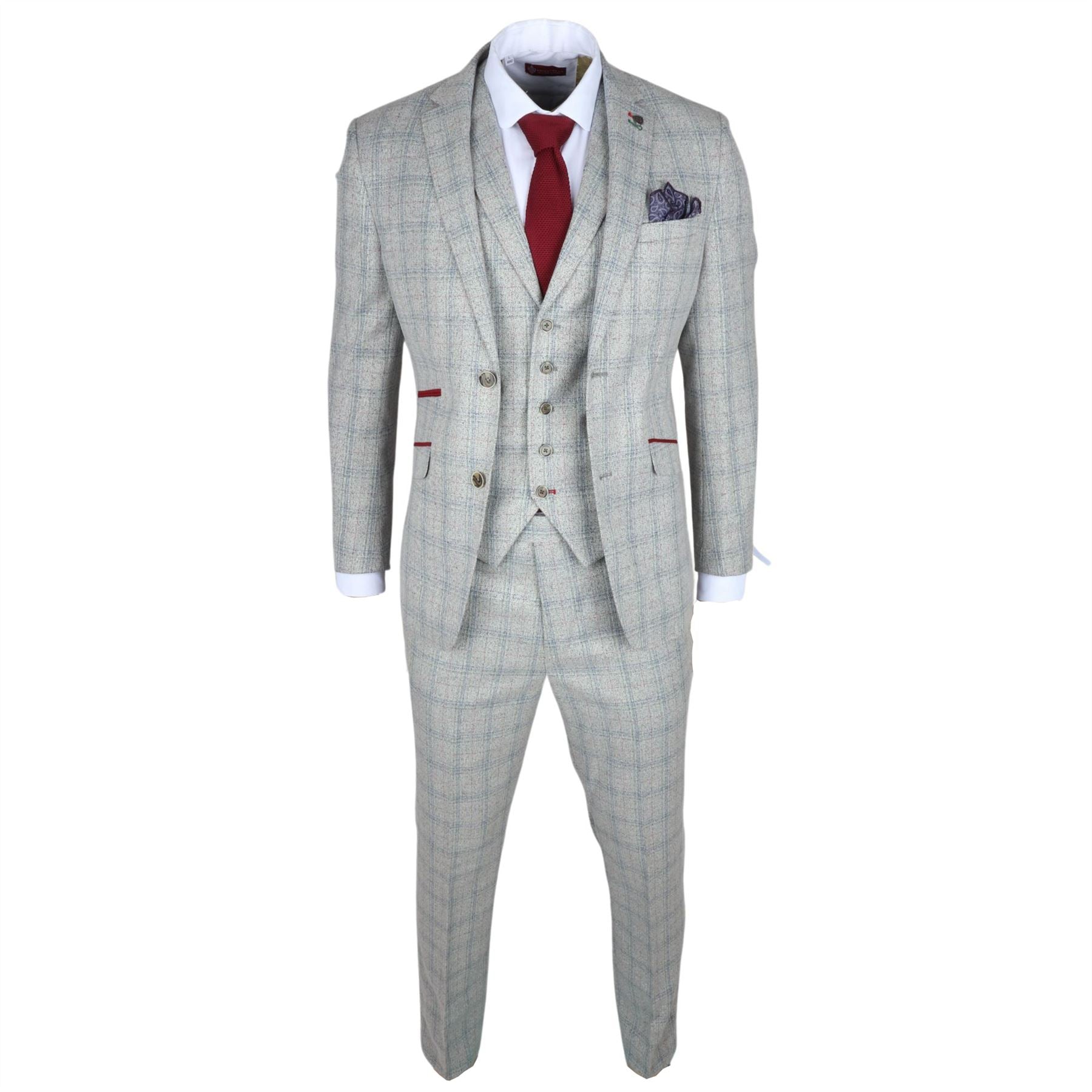 Men's Suit 3 Piece Grey Checked Slim Fit Formal Dress