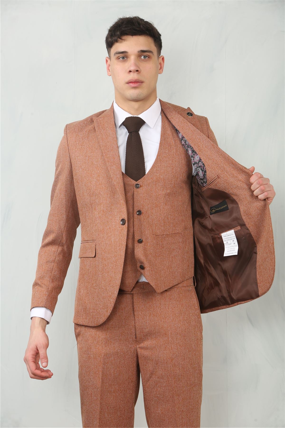 Men's 3 Piece Suit Camel Rust Brown Tailored Fit Wedding Prom Formal Textured