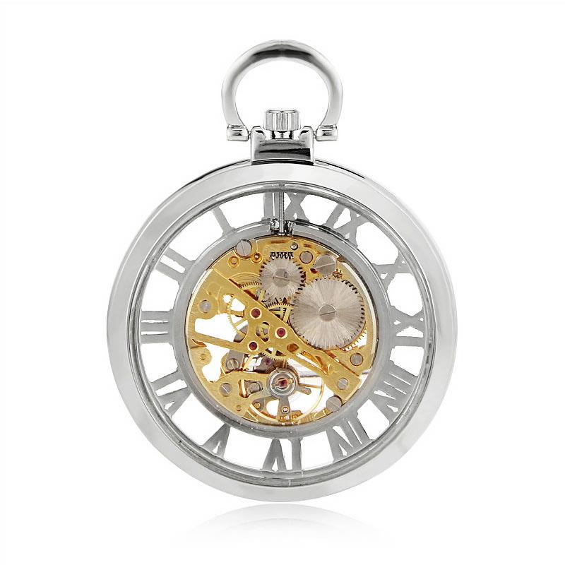 Mechanical Skeleton Open Face Silver Pocket Watch