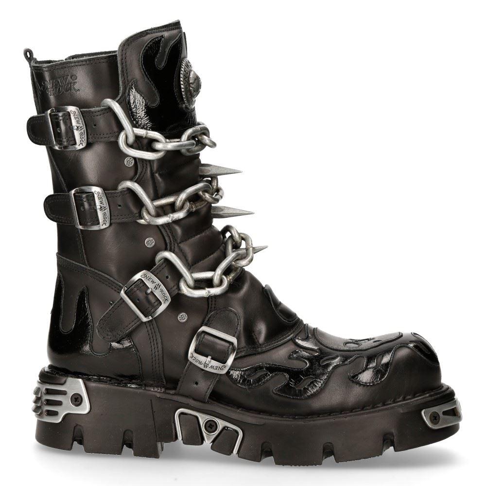 New Rock Mens Black Leather Skull Flame Reactor Boots M.727-S1 - Knighthood Store