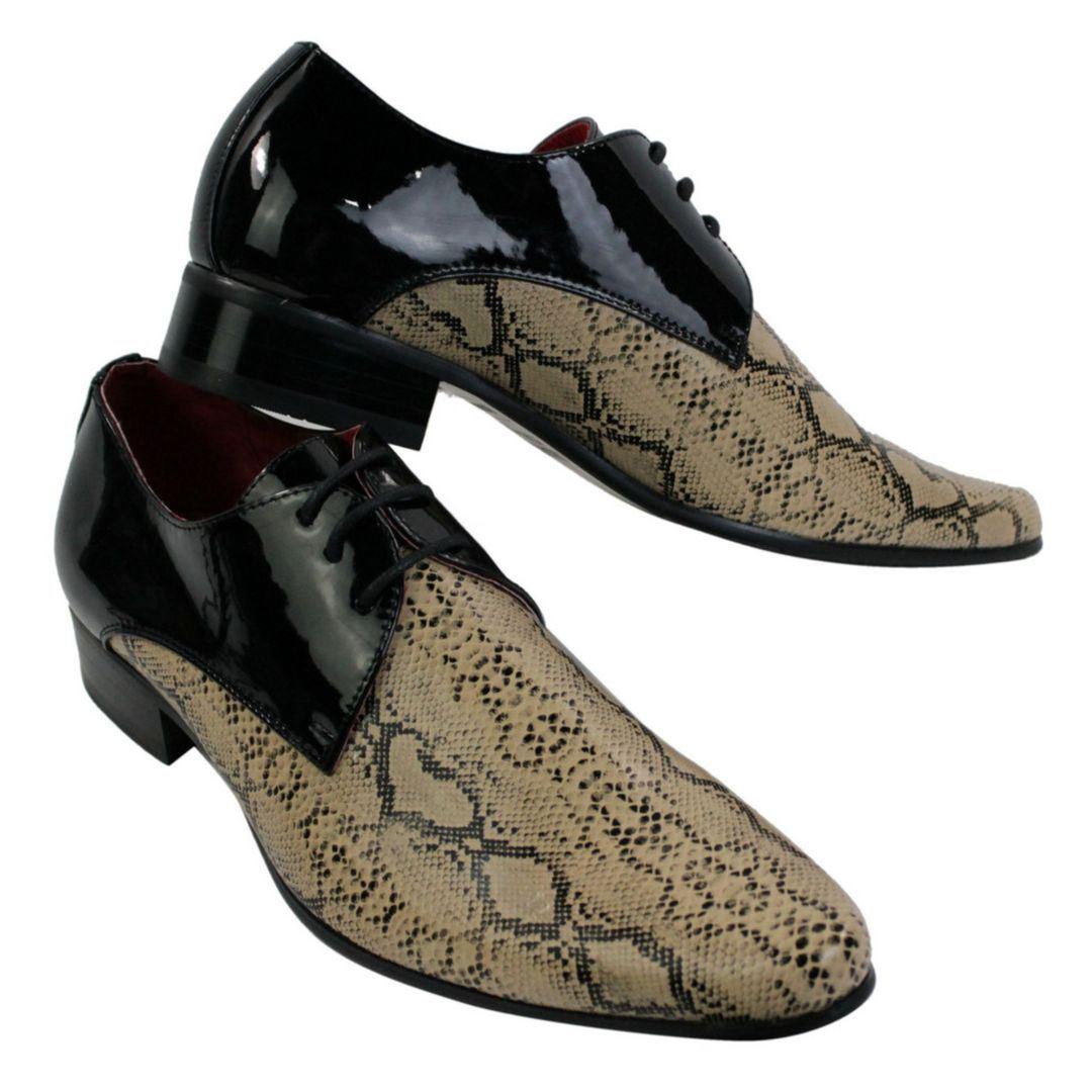 Mens Black Beige Snake Skin Patent Shiny Leather Shoes Italian Design Laced - Knighthood Store