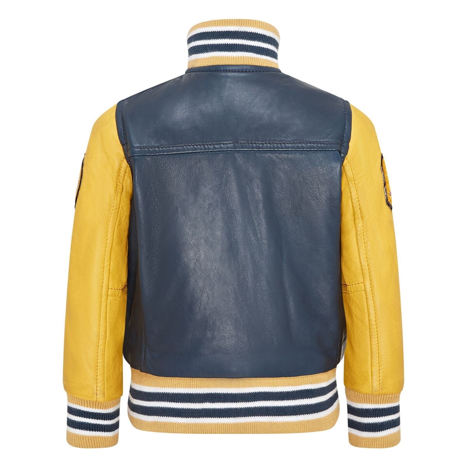 Kids Navy Blue Genuine Leather Bomber Jacket Baseball Letterman Coat