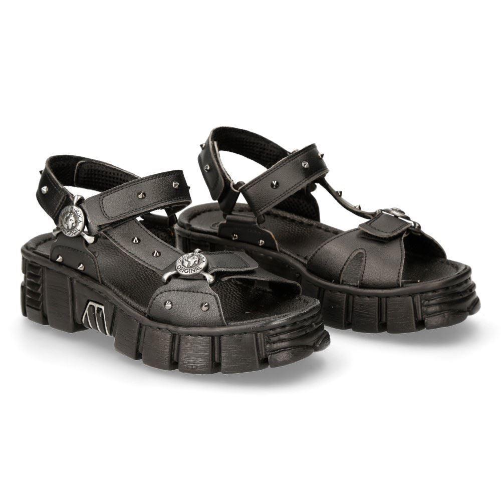 New Rock Boots BIOS120-V1 Unisex Metallic Black Vegan Leather Sandal Punk Rock - Knighthood Store