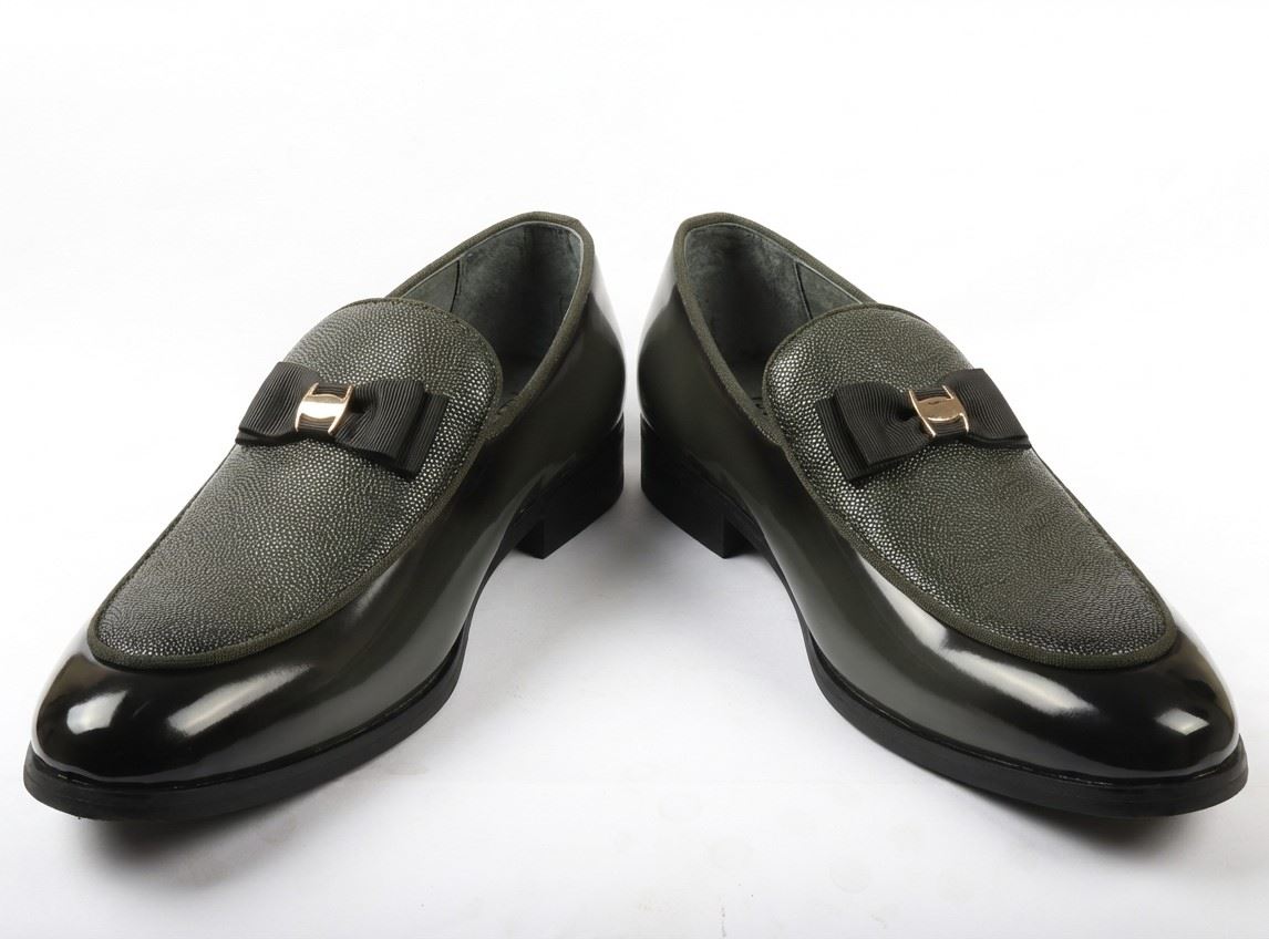 Men’s Formal Dress Loafers Patent PU Leather Textured Front Iconic Buckle Bow Modern Slip-On Shoes