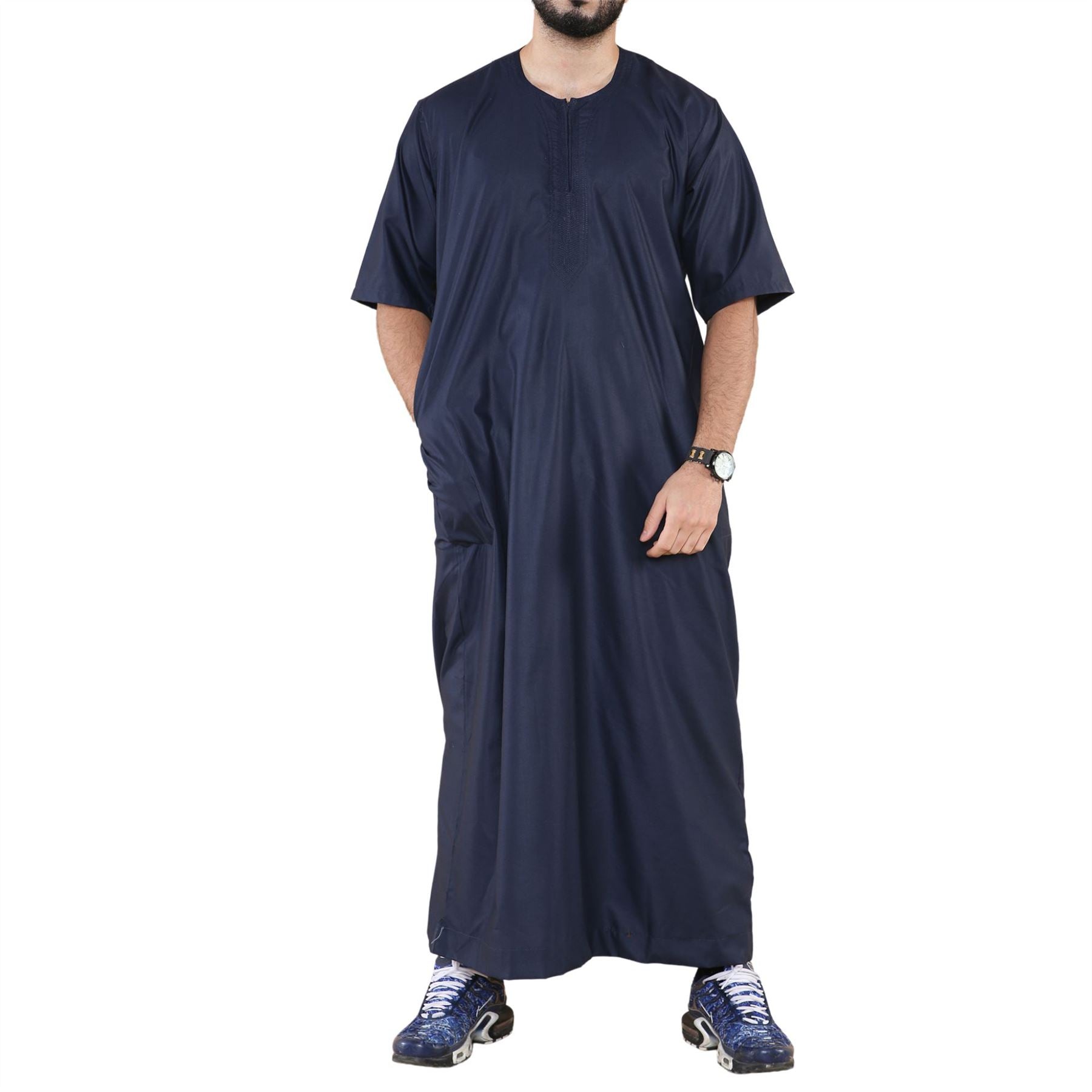 Mens Thobe Jubba Islamic Clothing Kaftan Half Sleeve Robe Moroccan Arab Zipped