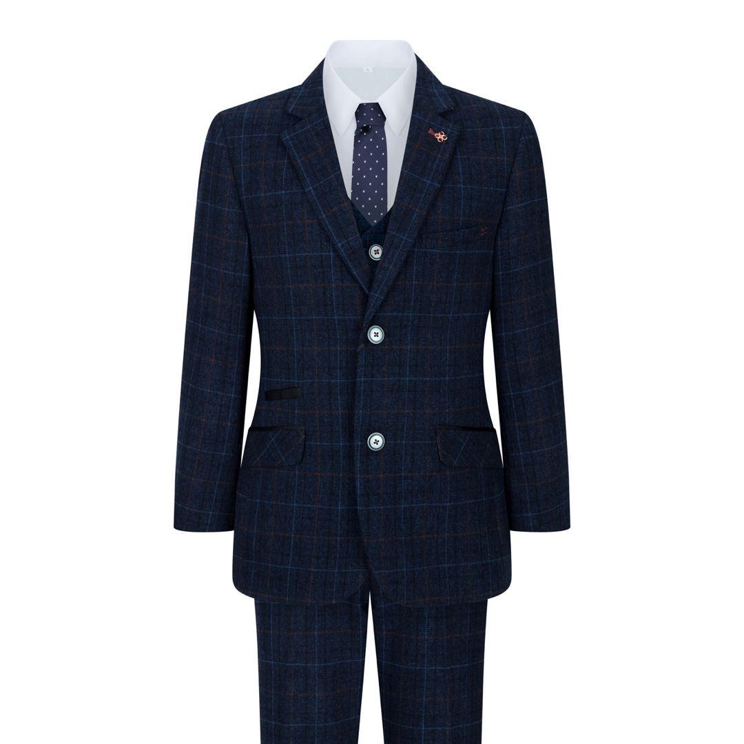 Boys Blue 3 Piece Suit Navy Check Wedding Prom Formal Vintage Tailored Fit - Knighthood Store