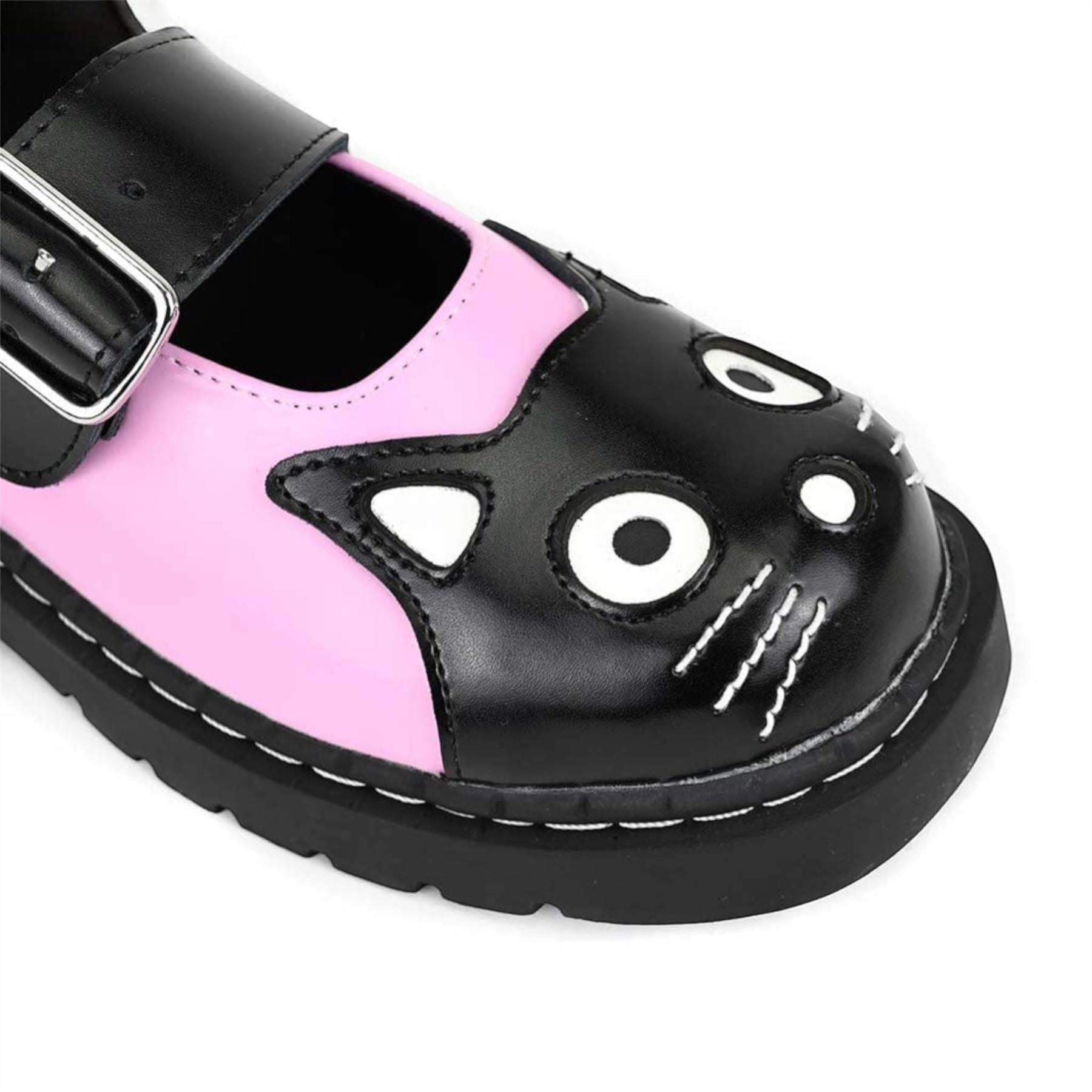Women's Mary Jane Kitty Pink Black Leather Platform Shoes