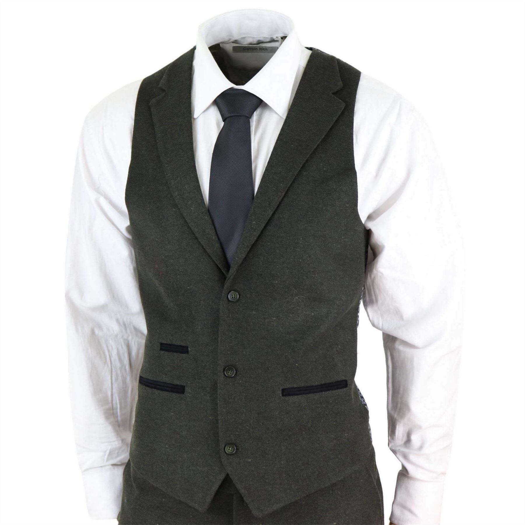 Mens Wool 3 Piece Suit Tweed Olive Green Black Tailored Fit Classic - Knighthood Store