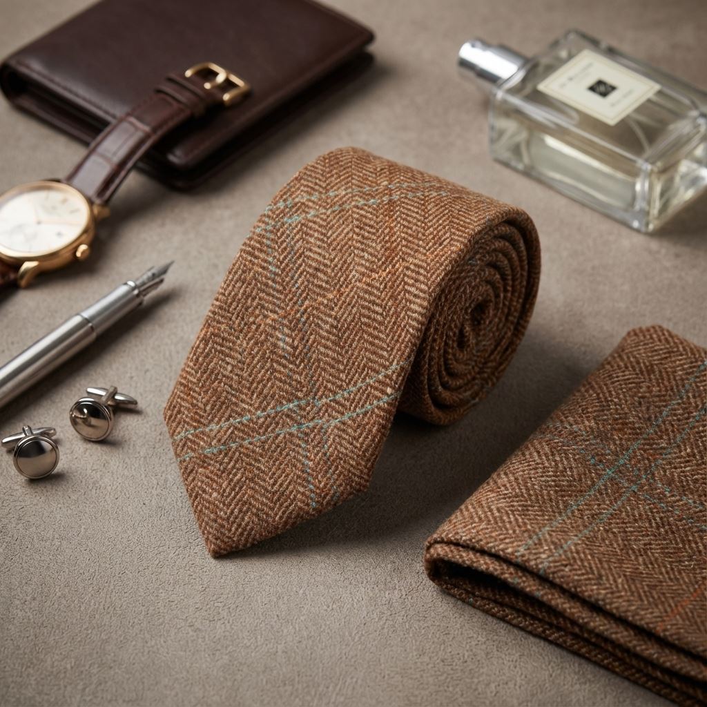 Men's Wool Blend Herringbone Plaid Tweed Tie