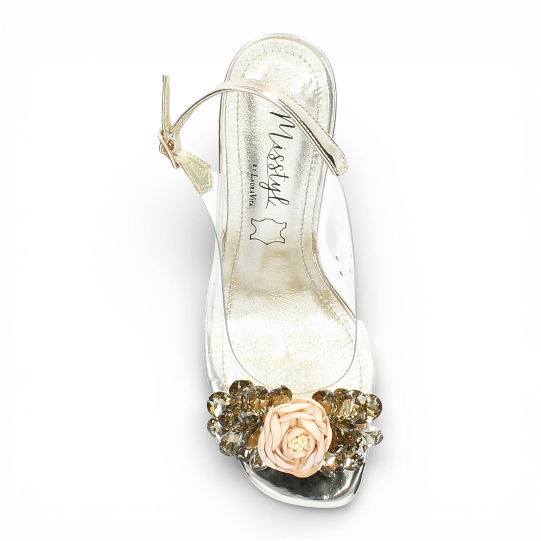 Mira 05 - Women’s Clear Golden Slip-On Heel Sandals