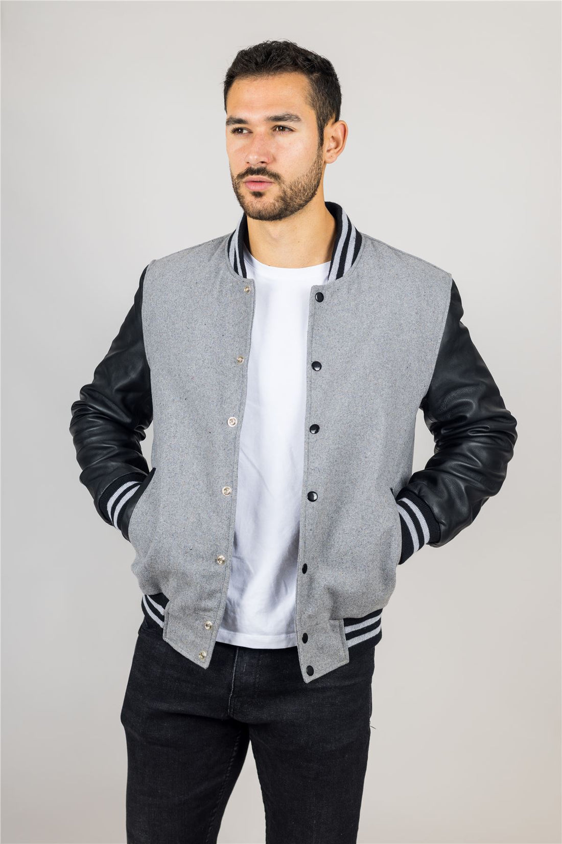 Men's Grey Black Varsity Bomber Jacket Wool Body Real Leather Sleeves College Baseball Coat