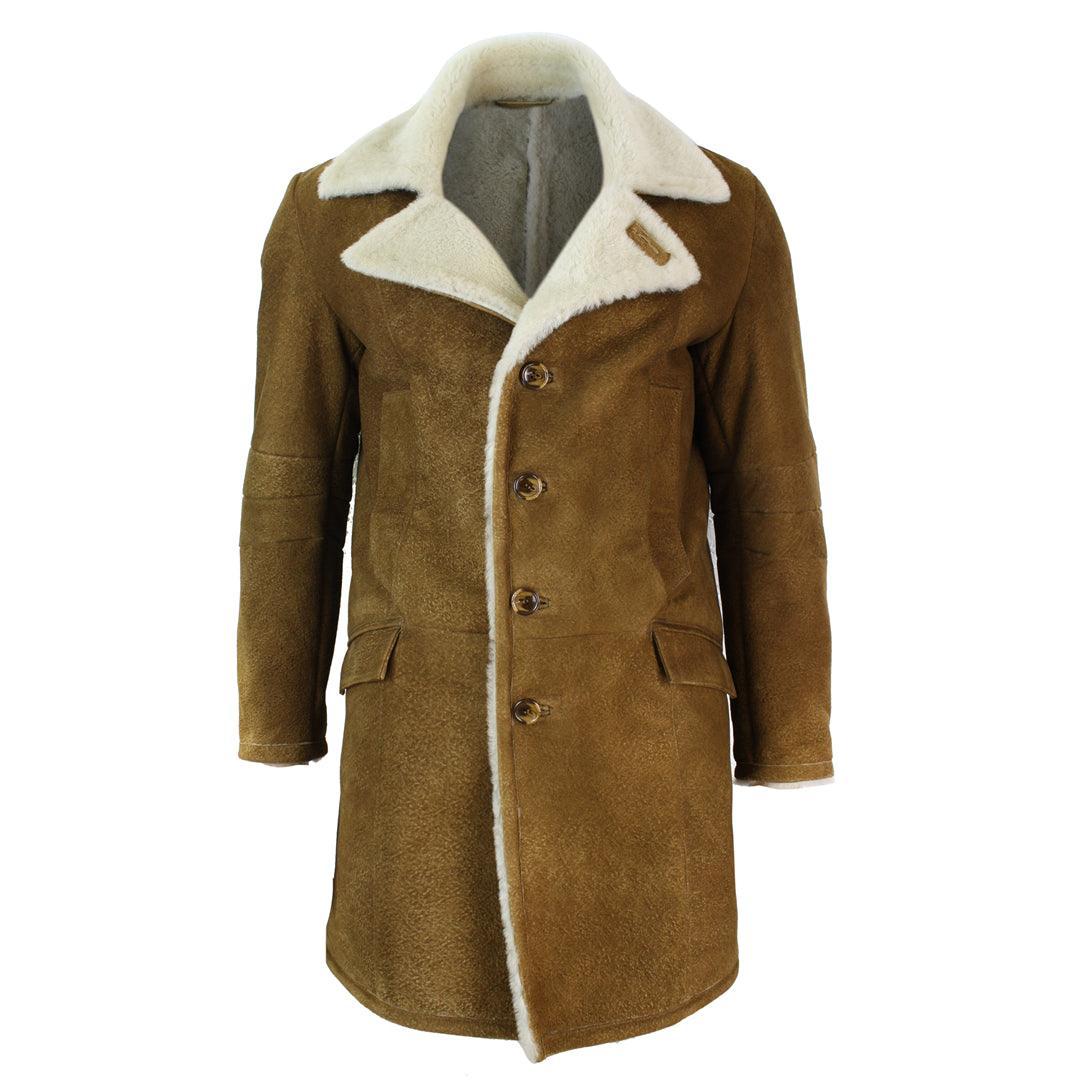 Mens Sherling Sheepskin Tan Brown Crombi 3/4 Overcoat Vintage Retro Winter Warm - Knighthood Store