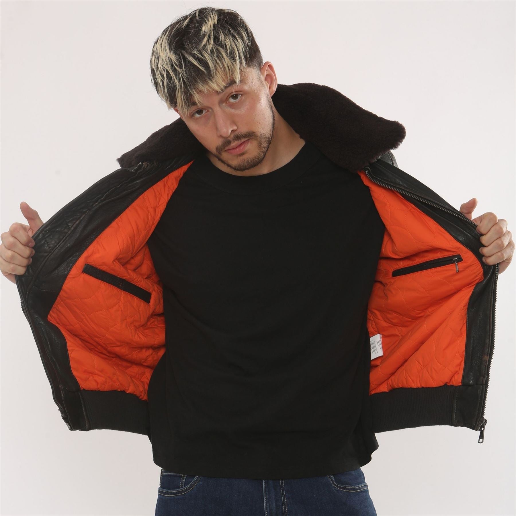 Men's Leather Bomber Jacket Fur Collar Aviator Coat