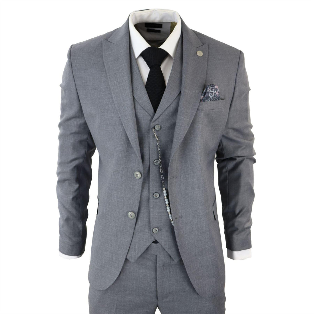 Mens Classic 3 Piece Suit Grey Pocket Chain Wedding Tailored Fit Vintage Formal - Knighthood Store