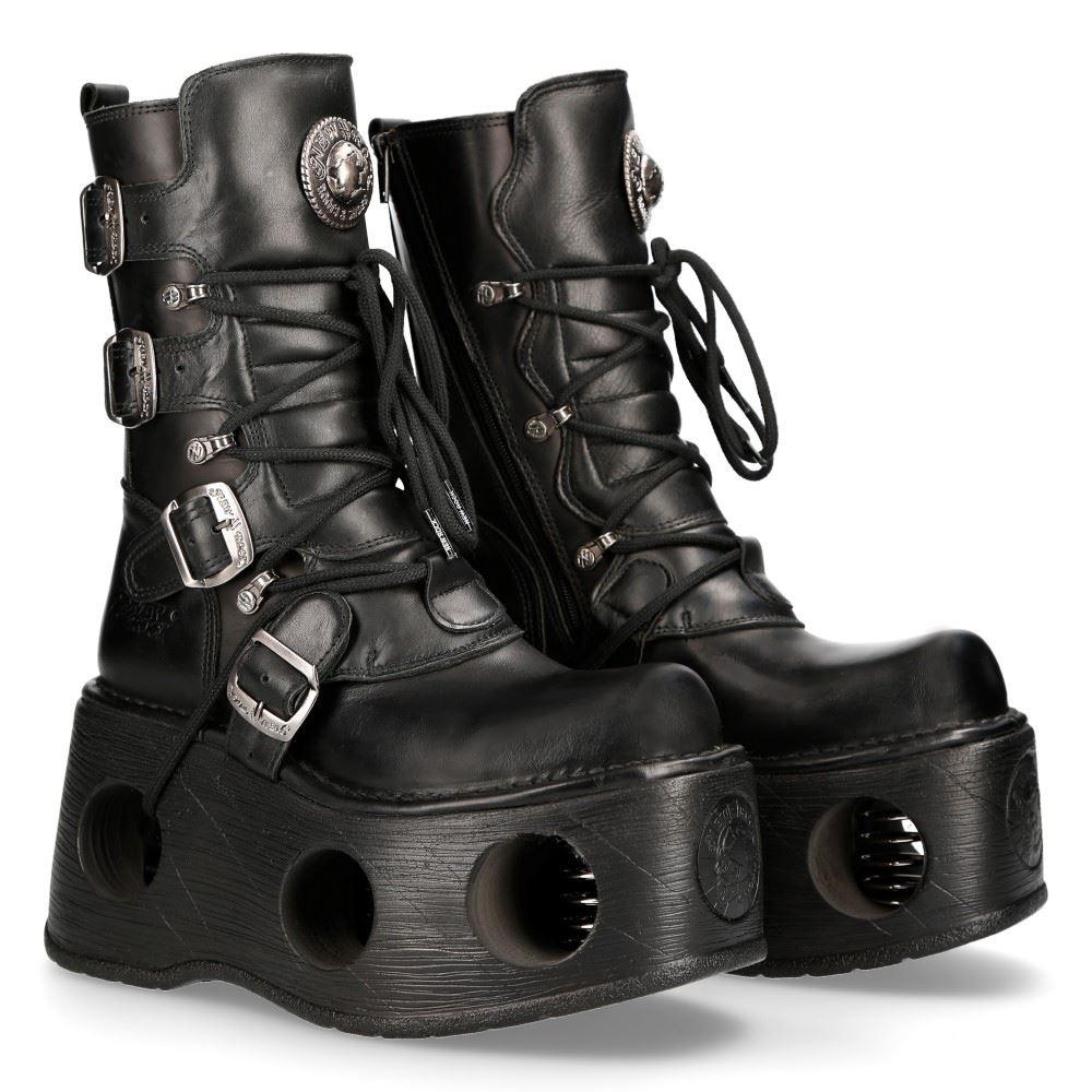 New Rock 373-S2 Metallic Black Leather Neptuno Platform Gothic Boots Buckle - Knighthood Store