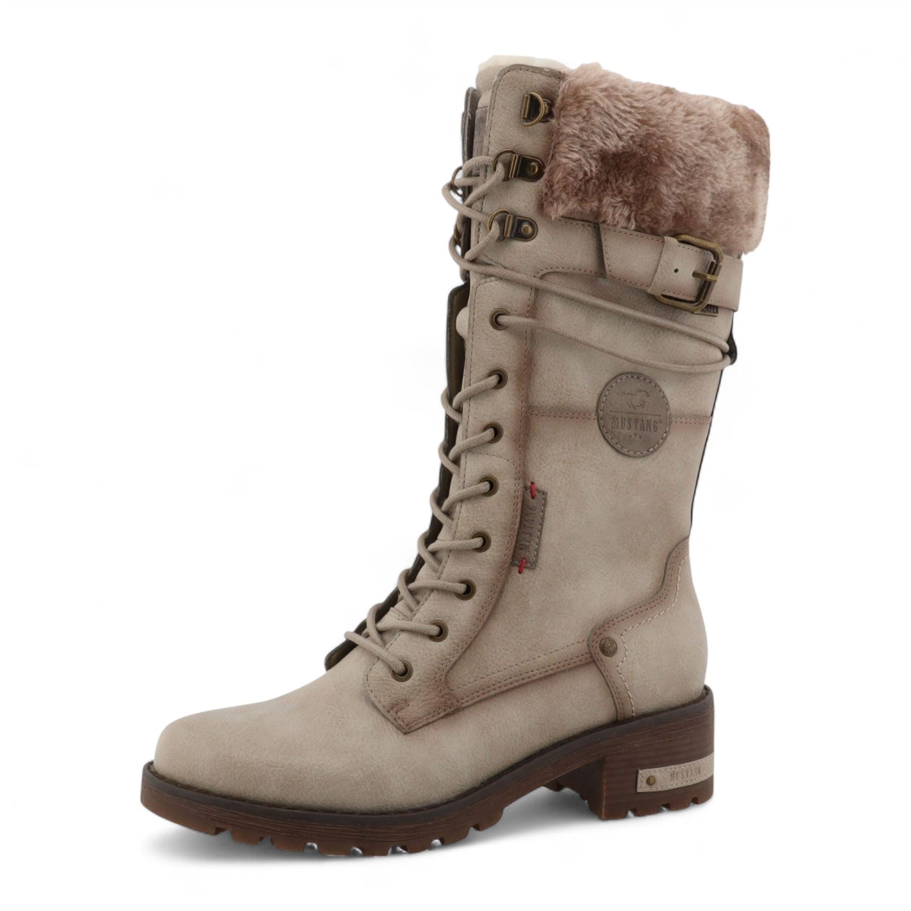 Women's Off White Mid-Calf Faux Fur Winter Combat Boots