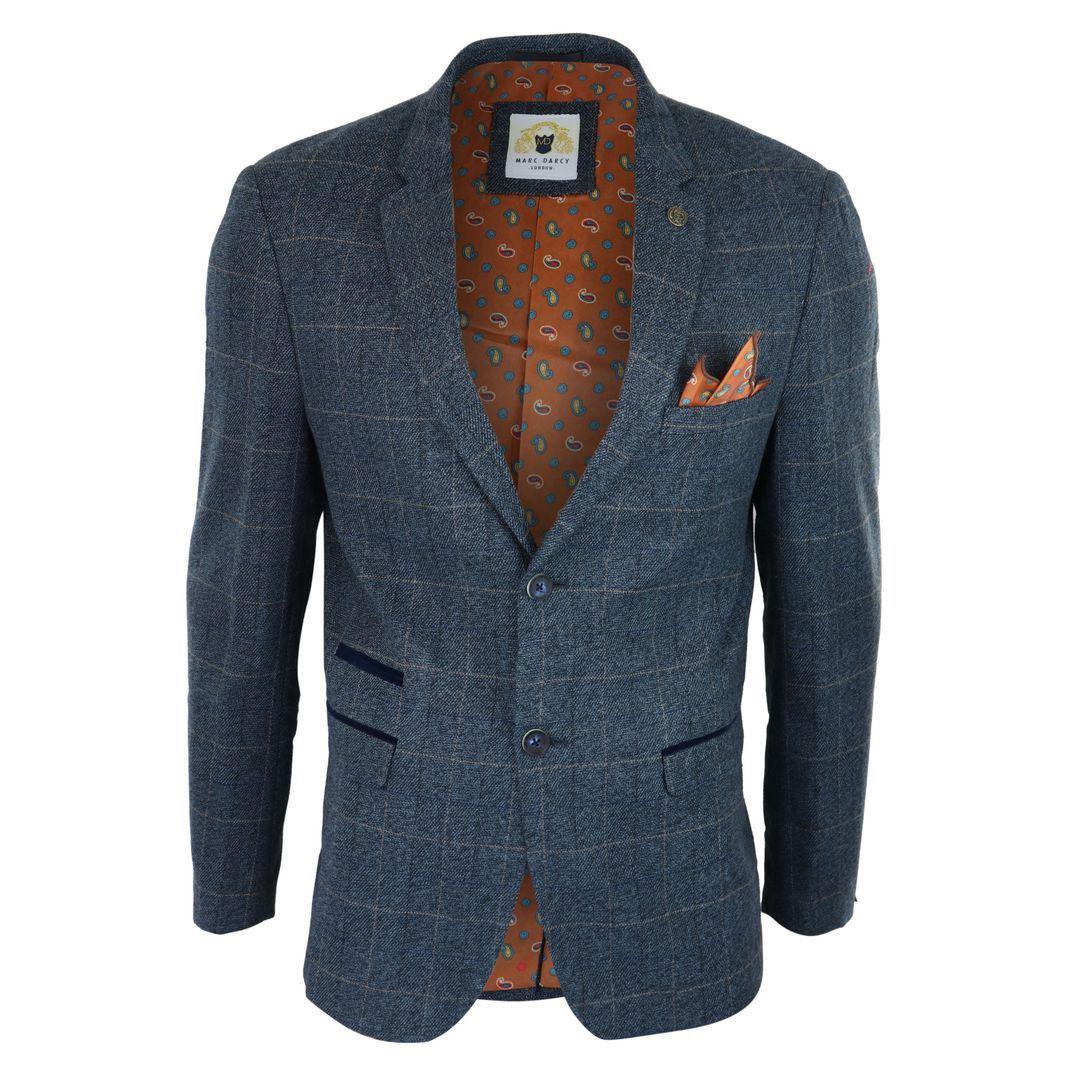 Mens Blue Check Blazer Herringbone Tweed Vintage Tailored Fit Grey Velvet - Knighthood Store