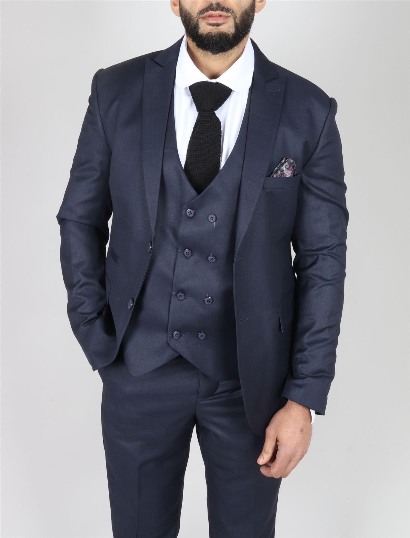 Men's Navy Suit Double Breasted 3 Piece Formal Dress - Knighthood Store