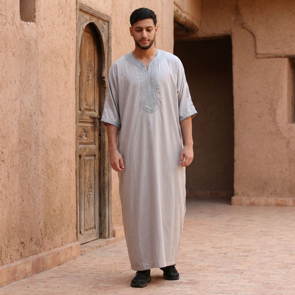 Men's Half Sleeve Embroidery Moroccan Thobe