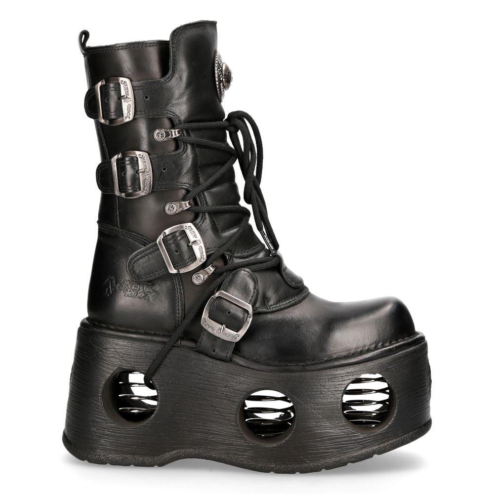 New Rock 373-S2 Metallic Black Leather Neptuno Platform Gothic Boots Buckle - Knighthood Store