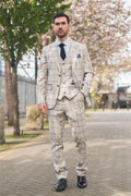 Men's Suit 3 Piece Beige Checked Classic Plaid Tailored Fit Formal Dress - Knighthood Store