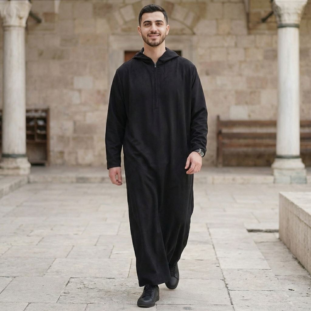 HM12 - Men's Hooded Suede Thobe Emirati Omani Zipped Thobe
