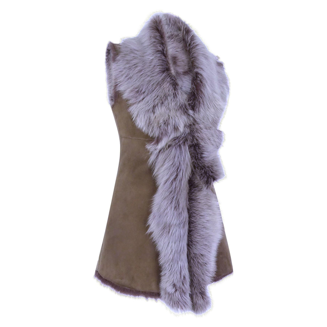 Ladies Women Real Spanish Shearling Sheepskin Toscana Taupe Long Waistcoat Gilet - Knighthood Store