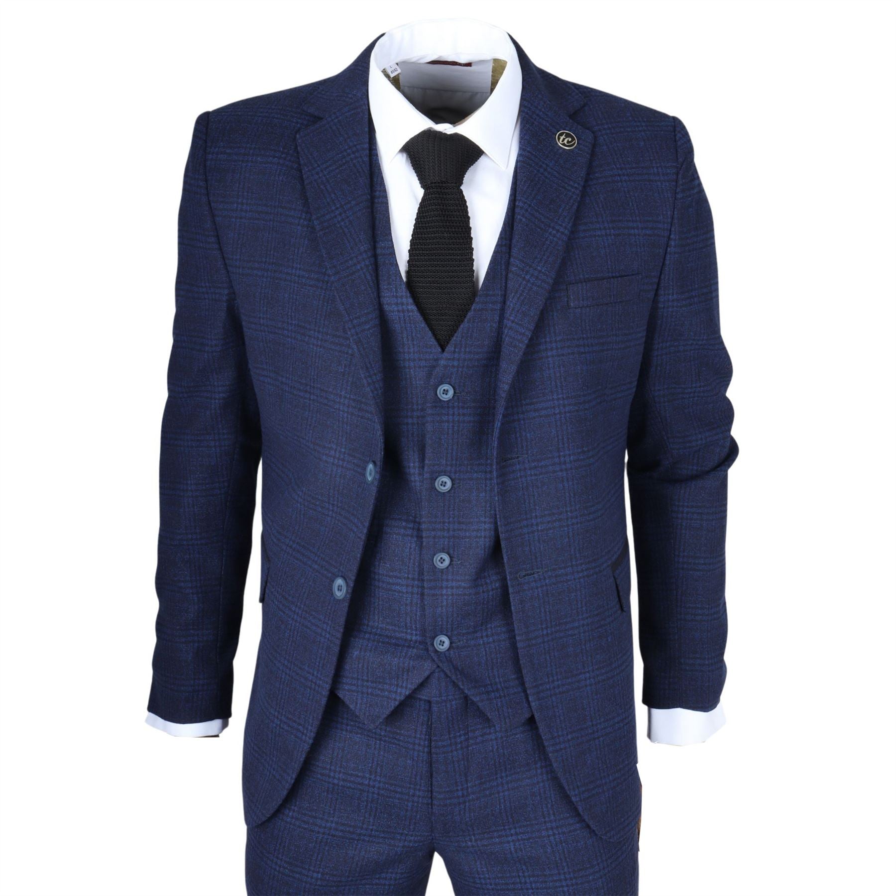 Men's Suit 3 Piece Navy Blue Checkered Tailored Fit Classic Formal Dress