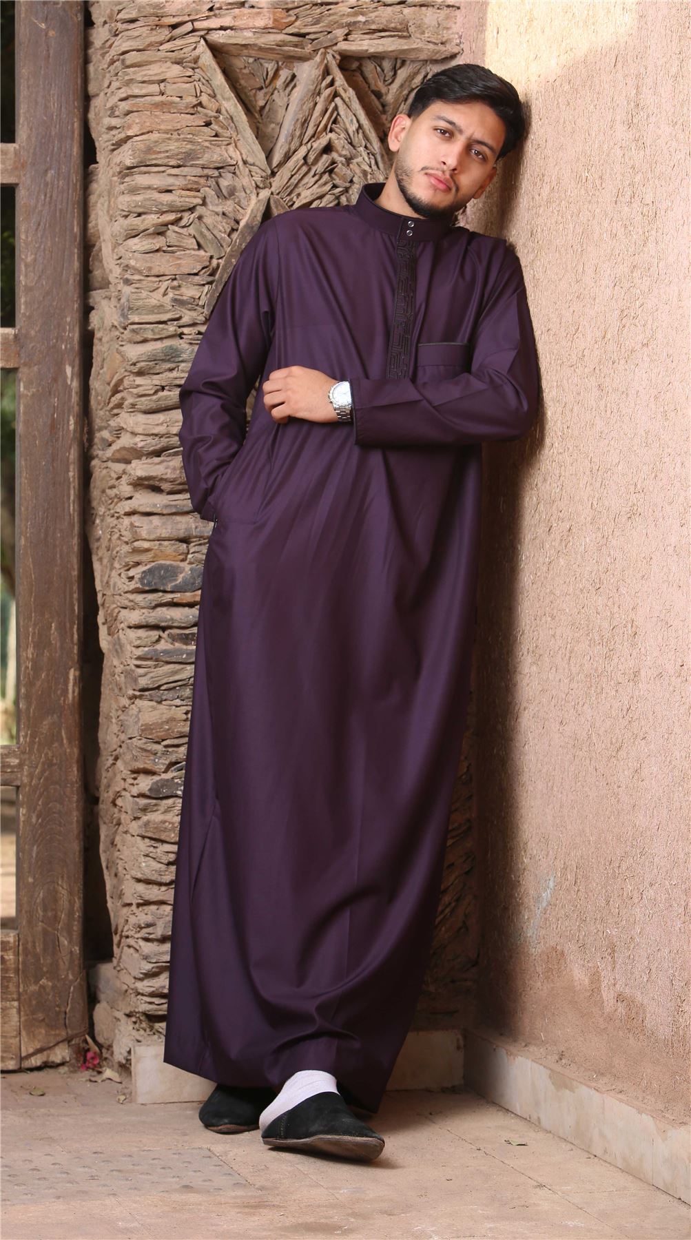 Mens Thobe Jubba Nehru Stand Collar Islamic Clothing Muslim Kaftan Embroidery Eid Robe Saudi | Purple