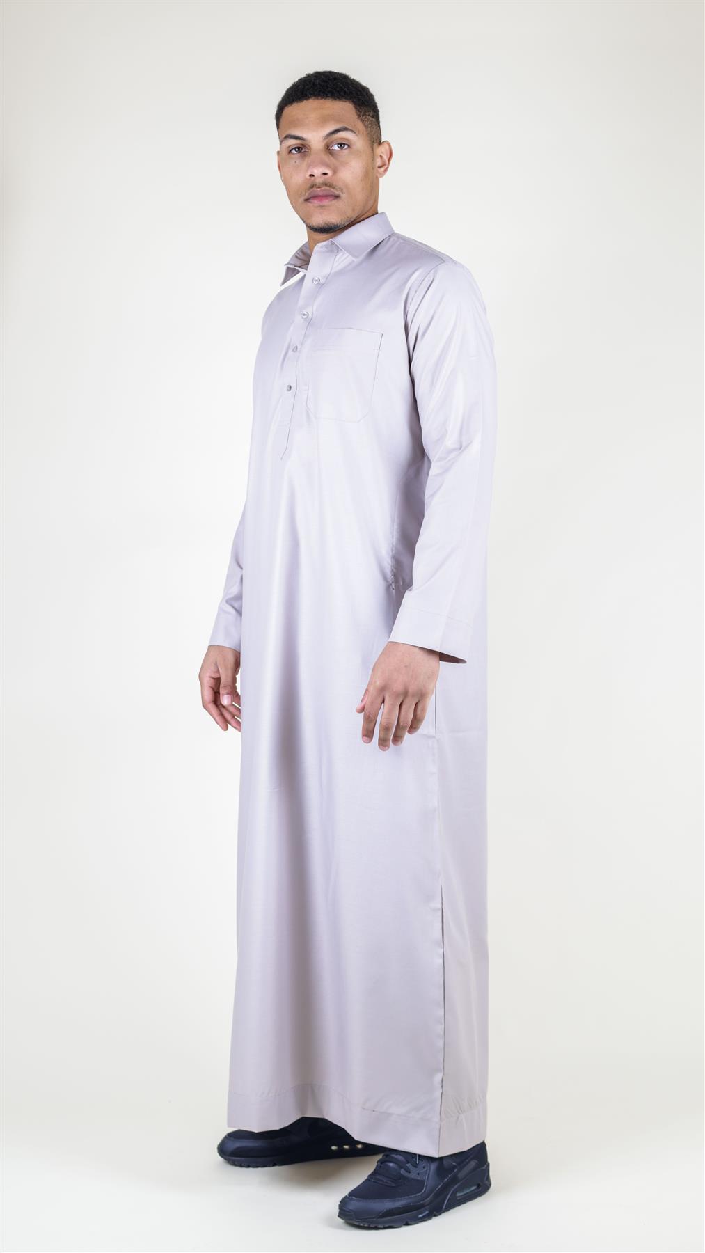 Mens Thobe Jubba Turn Down Collar Islamic Muslim Cotton Kaftan Dress Robe Arabic