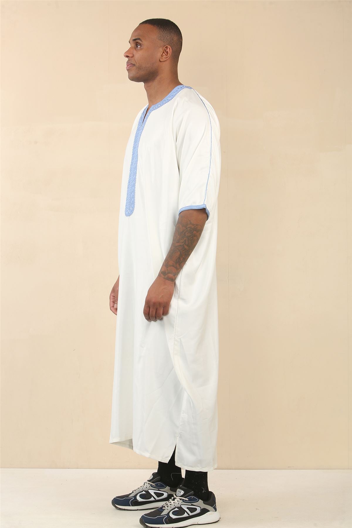 Men's Moroccan Thobe Gandoura Short Sleeve Jubba Kaftan Eid Robe Arab Embroidery