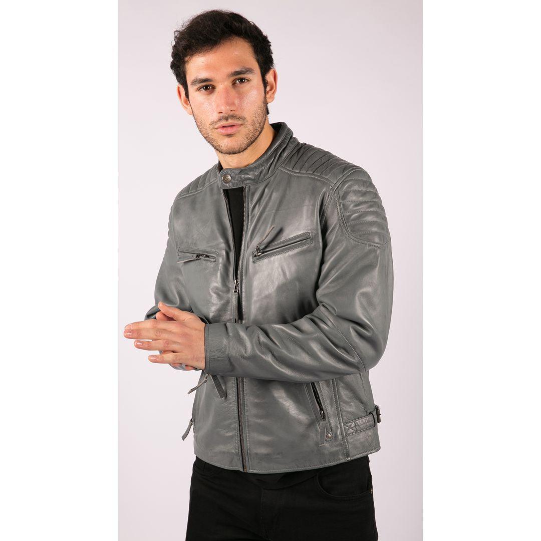 Mens Blue Grey Real Leather Designer Zipped Biker Jacket Washed Casual Vintage - Knighthood Store