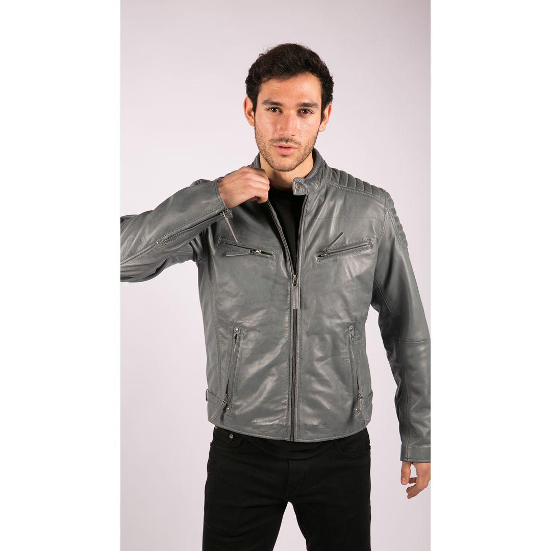 Mens Blue Grey Real Leather Designer Zipped Biker Jacket Washed Casual Vintage - Knighthood Store