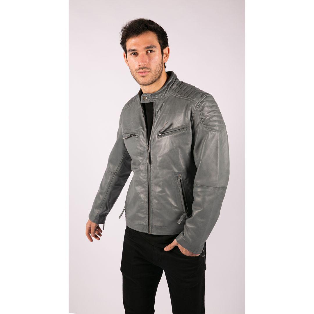 Mens Blue Grey Real Leather Designer Zipped Biker Jacket Washed Casual