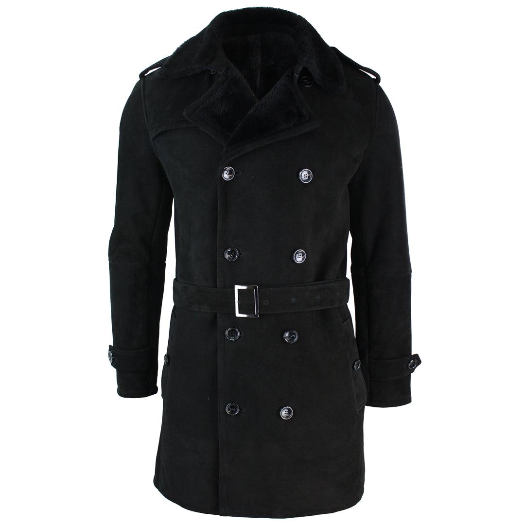 Mens Sherling Sheepskin Black Grey Double Breasted Belted Crombi 3/4 Overcoat - Knighthood Store