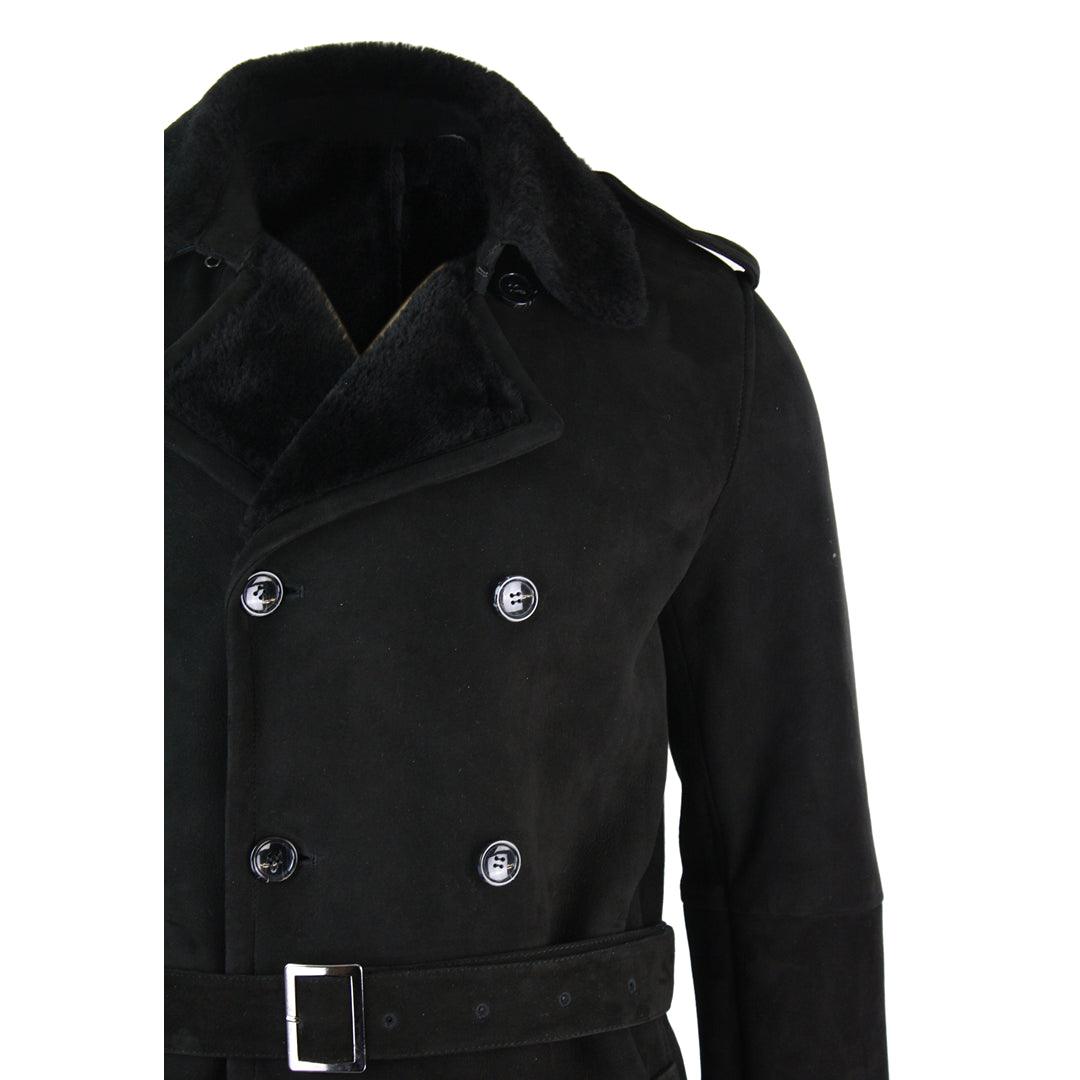 Mens Sherling Sheepskin Black Grey Double Breasted Belted Crombi 3/4 Overcoat - Knighthood Store