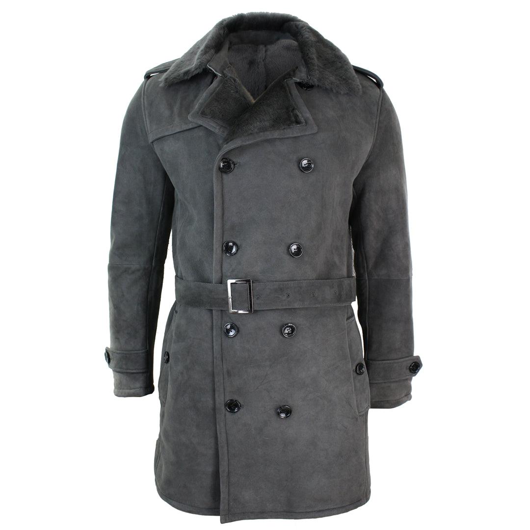 Mens Sherling Sheepskin Black Grey Double Breasted Belted Crombi 3/4 Overcoat - Knighthood Store