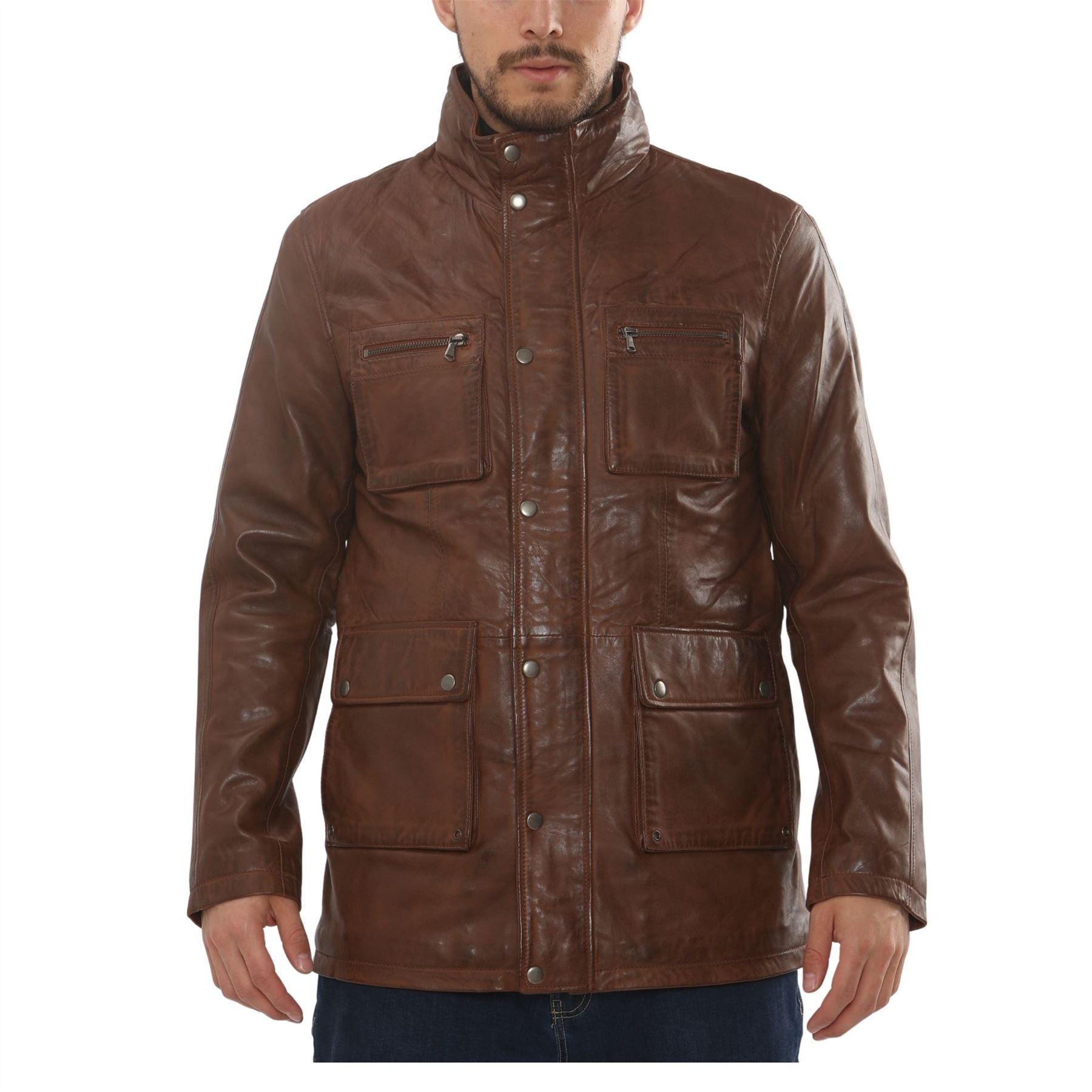 Men's Lambskin Leather Stand Collar Field Jacket