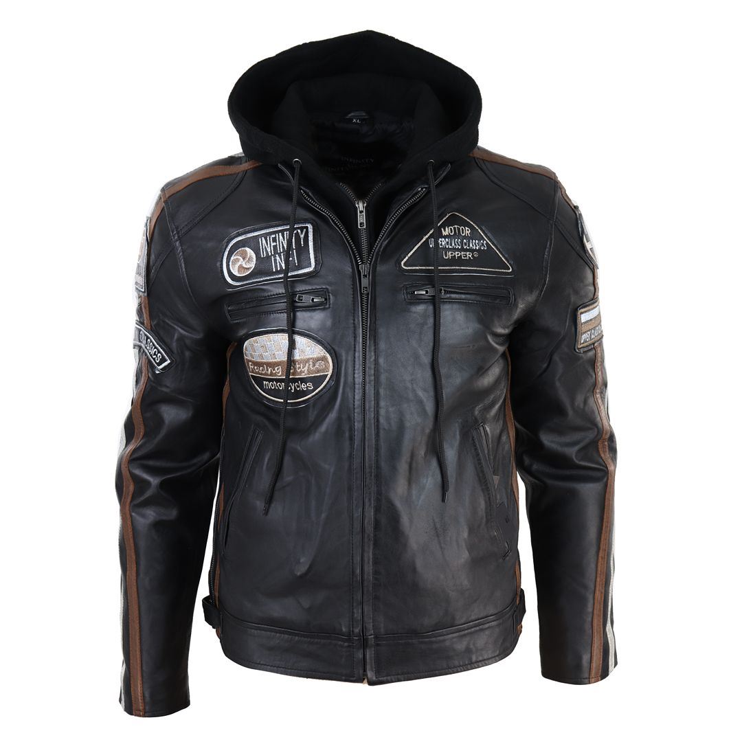 Men's Hooded Zipped Biker Leather Jacket | Infinity