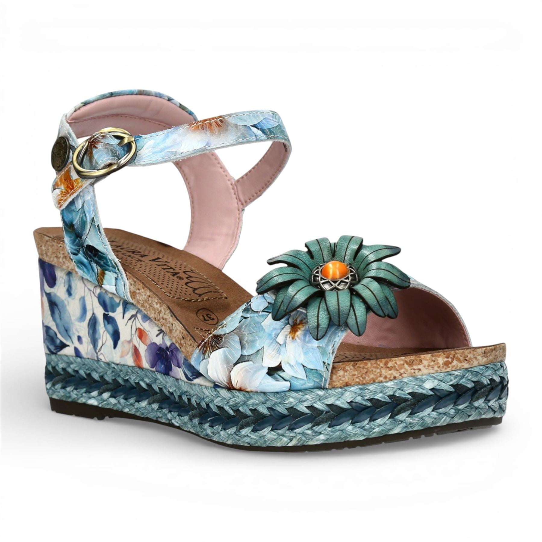 Facyo 75 - Women's Blue Floral Leather Wedge Sandals