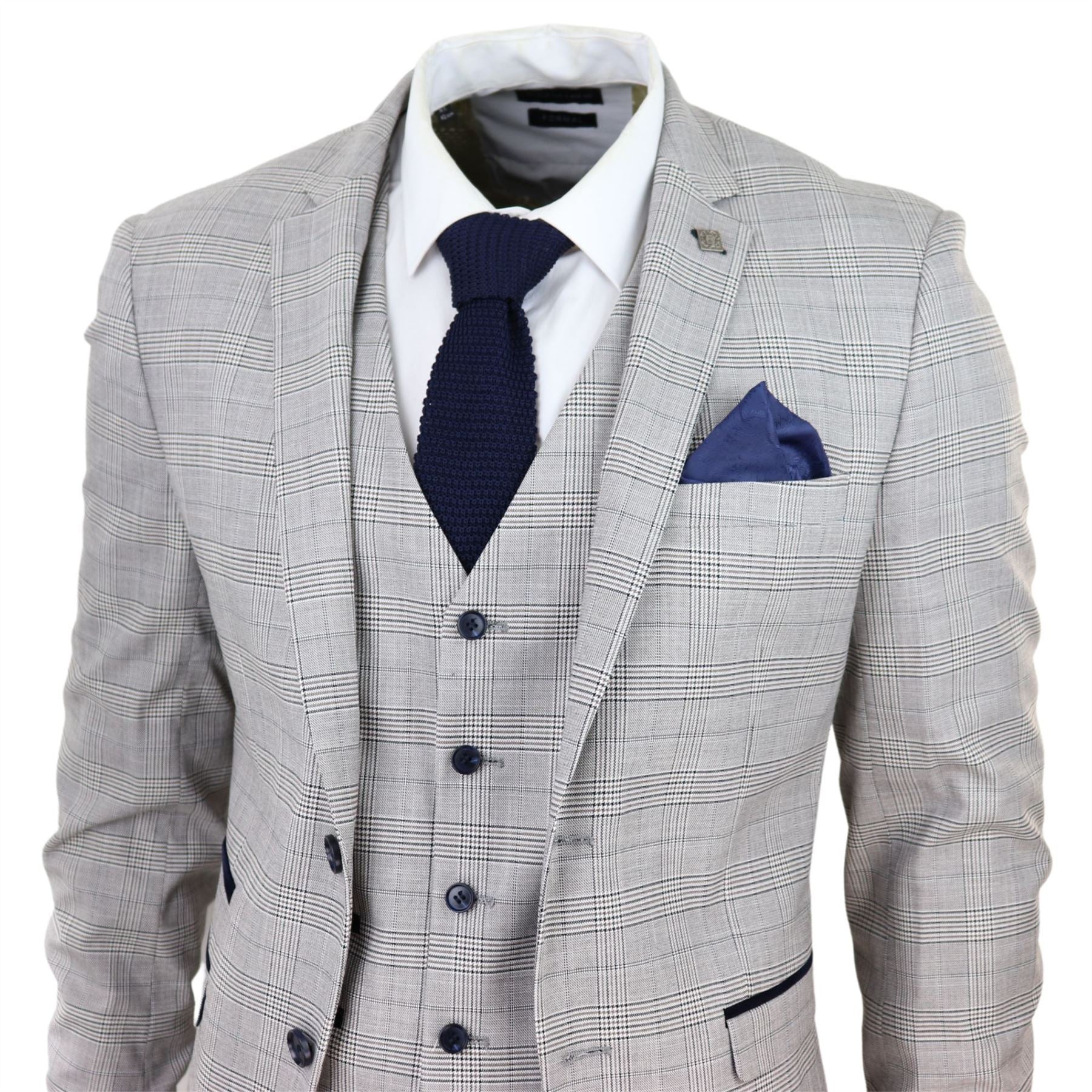 Mens Light Grey 3 Piece Suit Navy Blue Check Velvet Trims Wedding Tailored Fit Classic
