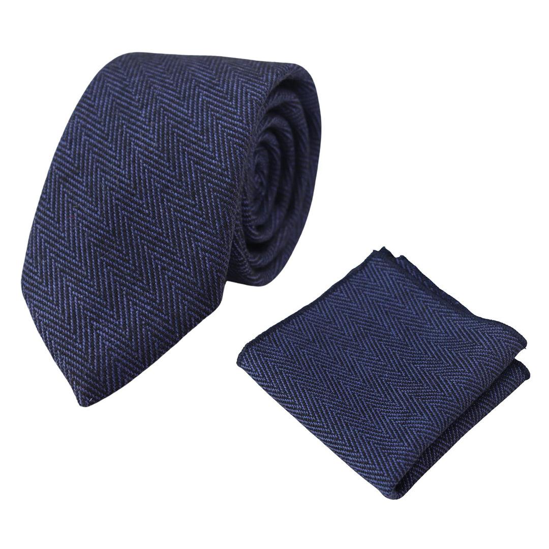 Mens Tweed Herringbone Tie Pocket Square Check Classic Blue Brown Grey Black - Knighthood Store