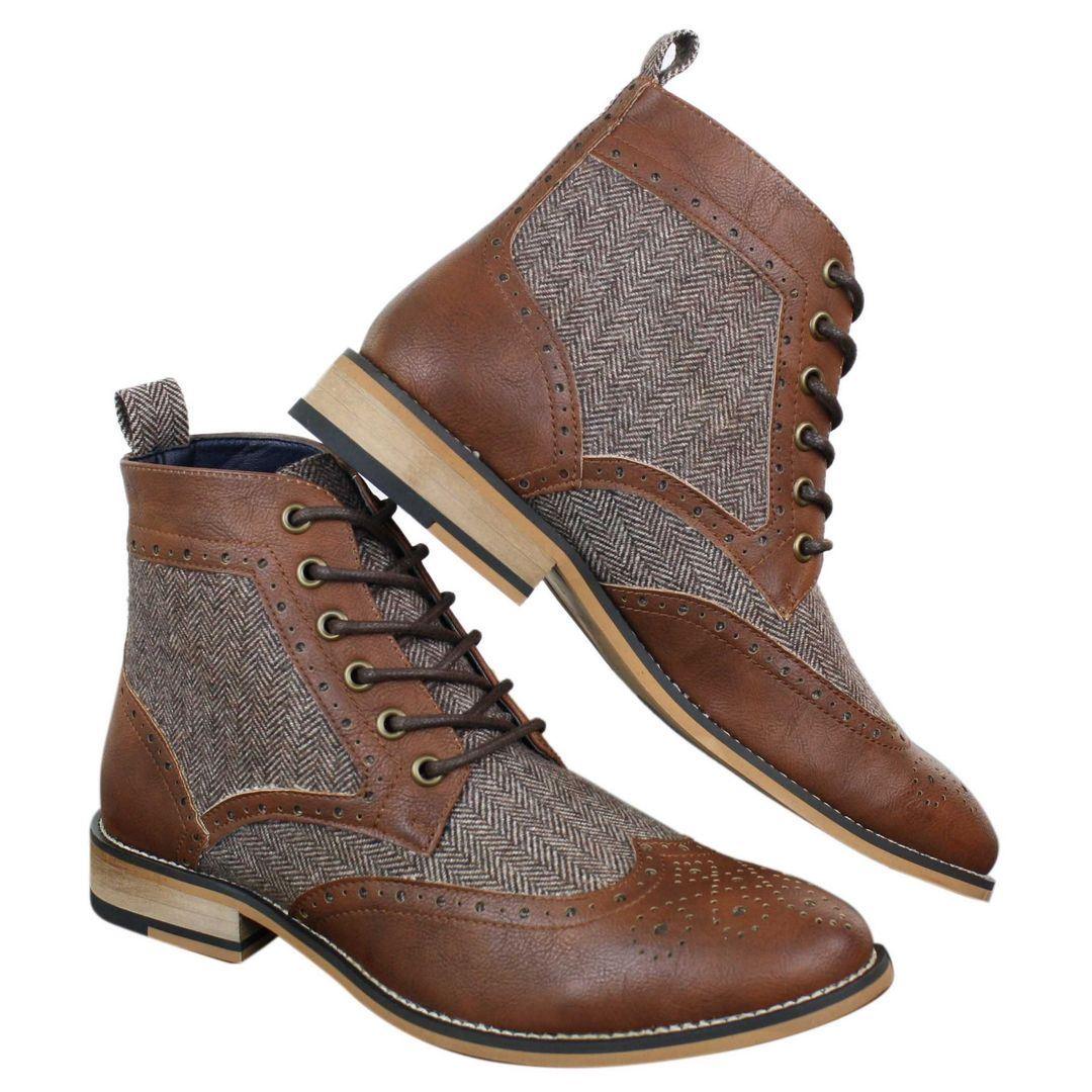 Mens Leather Tweed Herringbone Ankle Boots Shoes Blinders Sherlock Vintage Classic - Knighthood Store