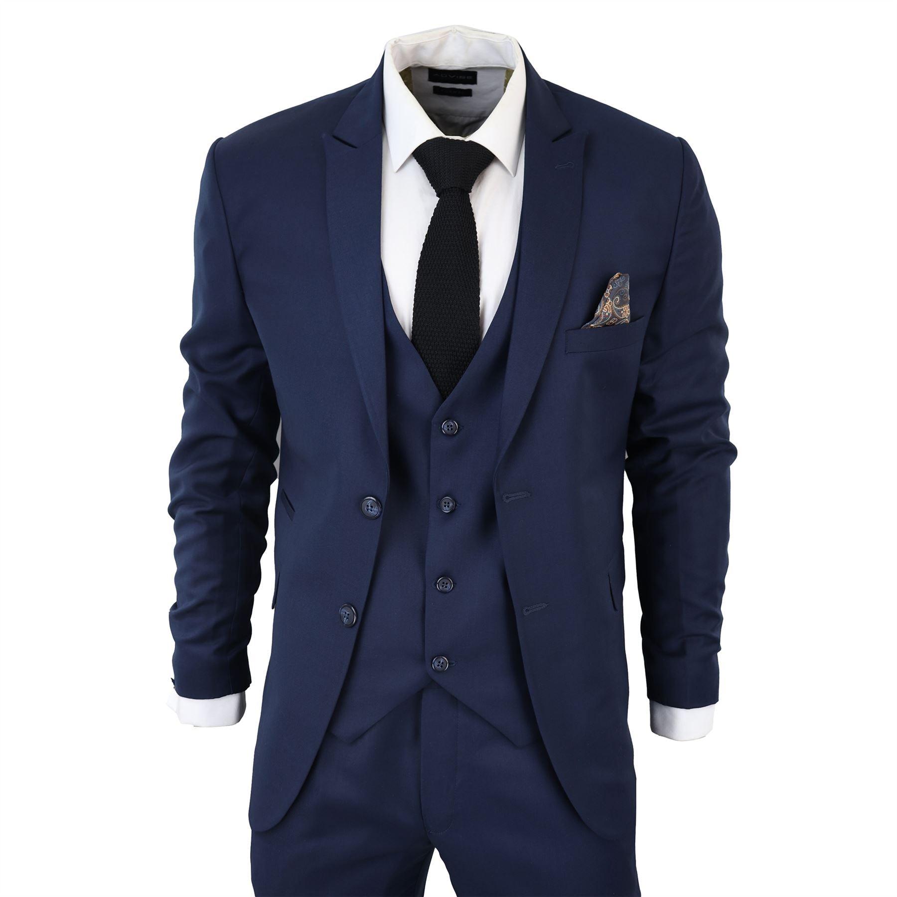 Men's Classic Navy Blue Suit 3 Piece Tailored Fit Vintage Office Wedding Prom - Knighthood Store