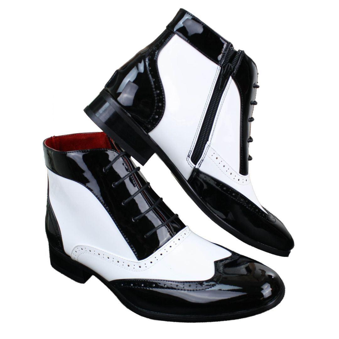 Mens Shiny Patent Brogues Ankle Shoes Boots Laced Smart Casual White Black - Knighthood Store