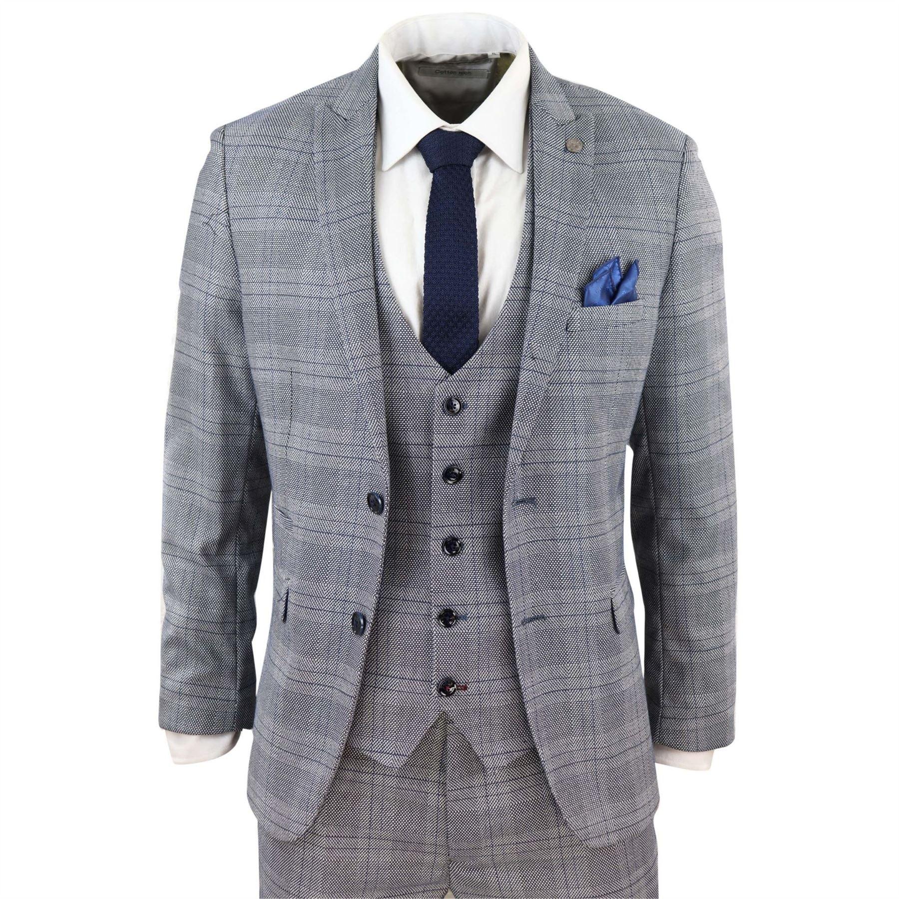 Mens Marc Darcy 3 Piece Suit Grey Prince Of Wales Blue Check Vintage Retro - Knighthood Store